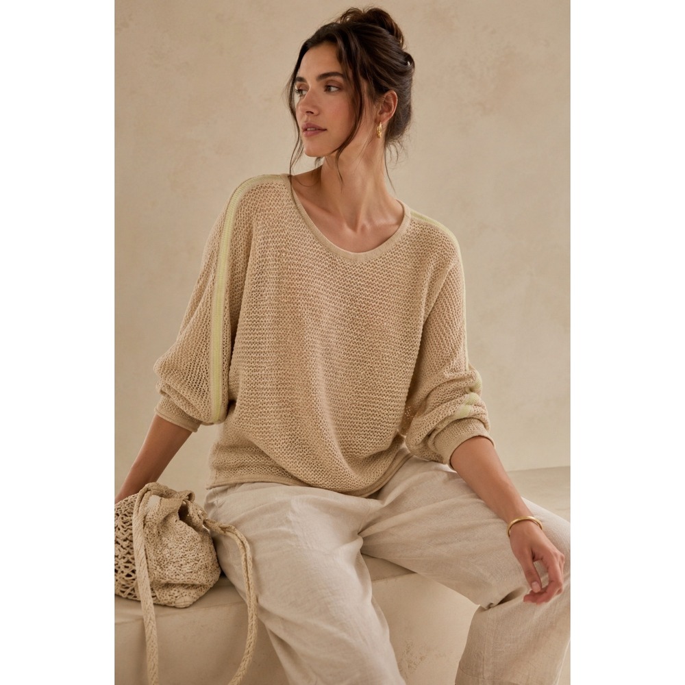 Alashan 100% Cashmere Open Knit Mesh Sweater Tan Neon Stripe- L/XL